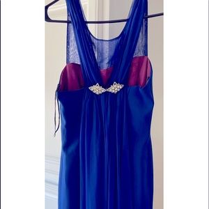 Beautiful long Blue Dress with Silver and Crystal Broach